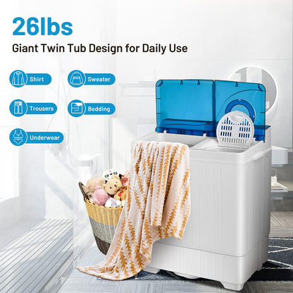 Washing Machine Semi-automatic, Twin Tub Washer with Spin Dryer, 26lbs Capacity, Built-in Drain Pump