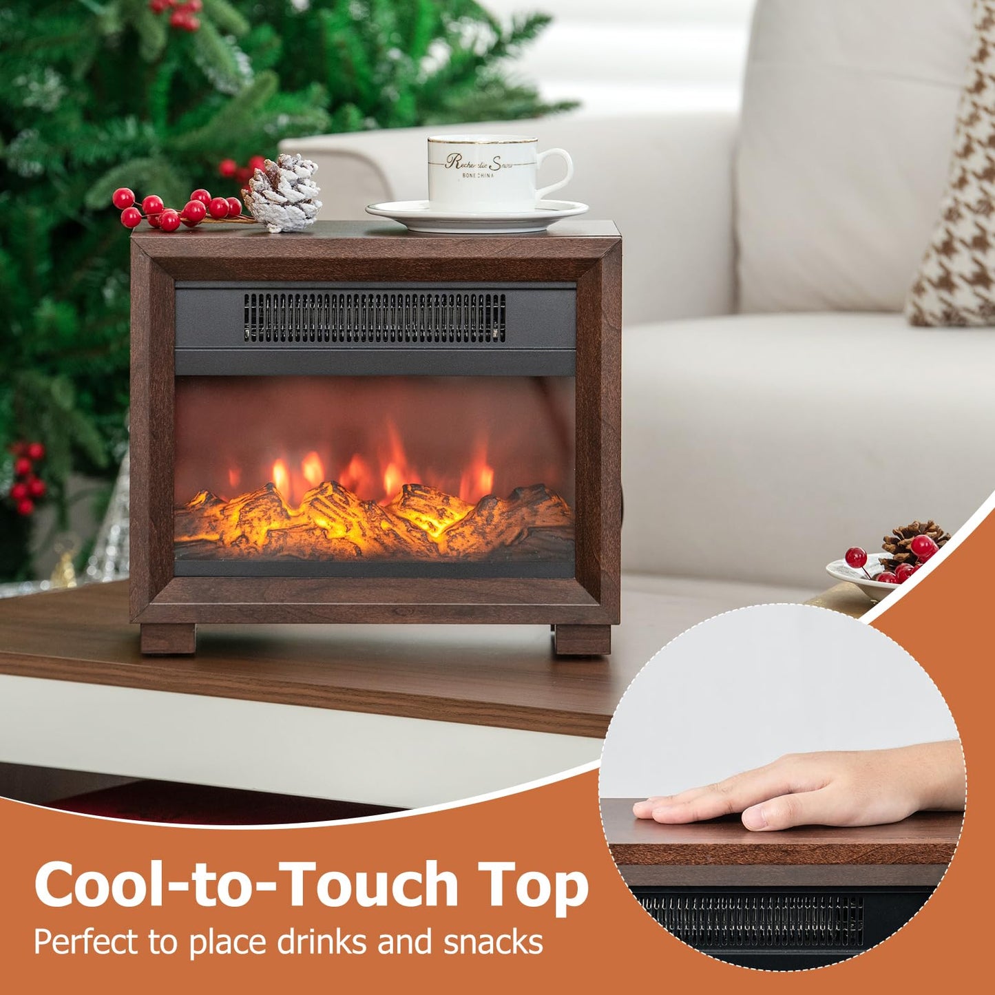 13’’ Electric Fireplace Heater, 750W Mini Tabletop Electric Fireplace Stove with Realistic Flame