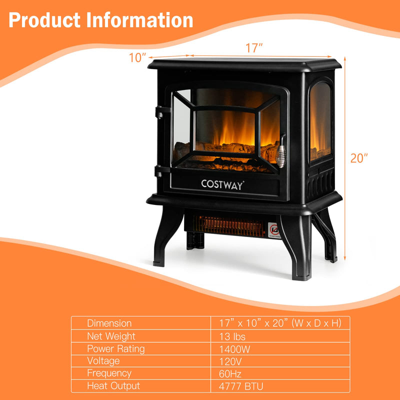 Electric Fireplace Stove 17-Inch Wide Freestanding Space Heater with 3D Realistic Flame
