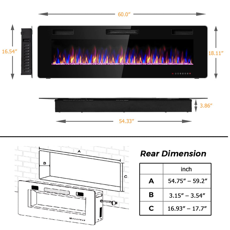 750W/1500W Wall Recessed and Mounted Fireplace with Remote Control (60-Inch)