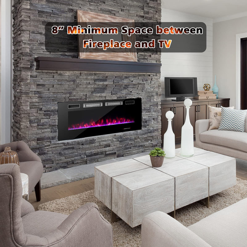 50-Inch Wide Electric Fireplace 3.19-Inch Deep Ultra-Thin Wall-Mounted and Recessed Fireplace Heater