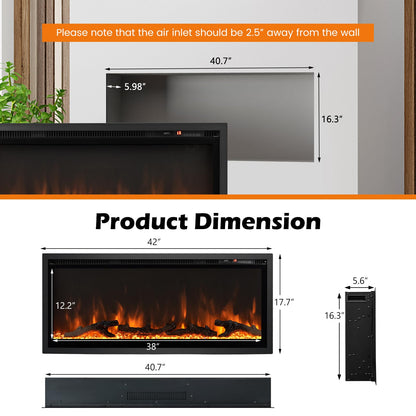 Electric Fireplace 42-Inch Wide, 9 Flame Color, 5-Level Brightness, 8H Timer, Thermostat
