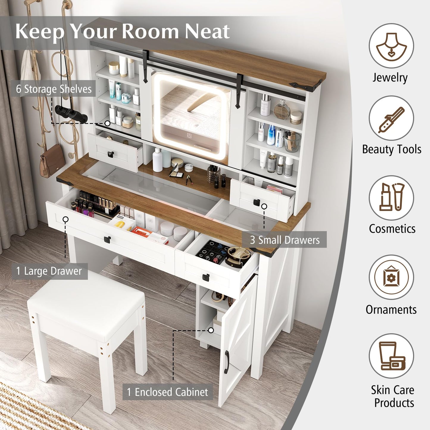 42'' Farmhouse Makeup Table with Sliding Mirror for Women