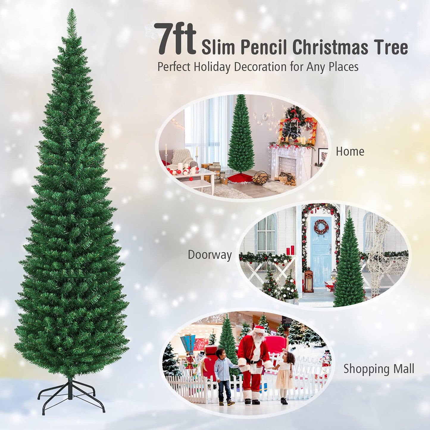 7FT Pencil Christmas Tree Slim Skinny Hinged Pine Tree with PVC Material