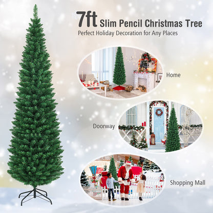 7FT Pencil Christmas Tree Slim Skinny Hinged Pine Tree with PVC Material