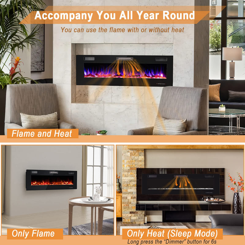 ARLIME 60 Inches Ultra-Thin Electric Fireplace 750W/1500W Recessed & Wall Mounted
