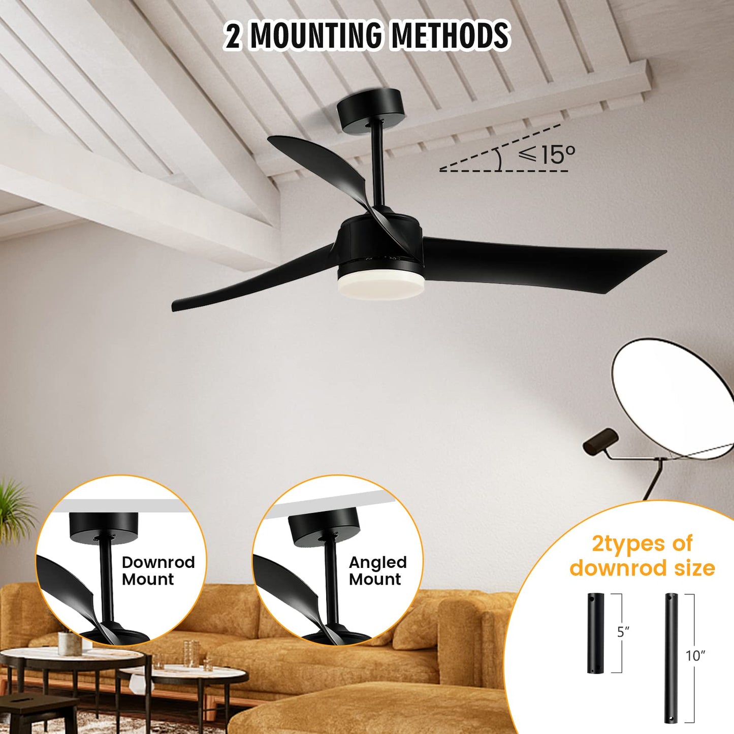 52 Inch Ceiling Fan with Light, Indoor Outdoor LED Ceiling Fan w/Remote Control, 6-Level Adjustable Speed