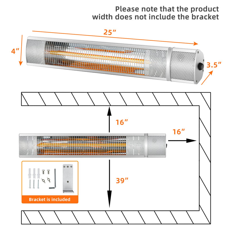Wall-Mounted Patio Heater 3 Heat Setting 1 s Instant Heating for Garage and Backyard