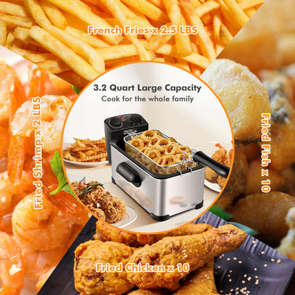ARLIME Deep Fryer with Basket, 3.2Qt Stainless Steel Electric Oil Fryer