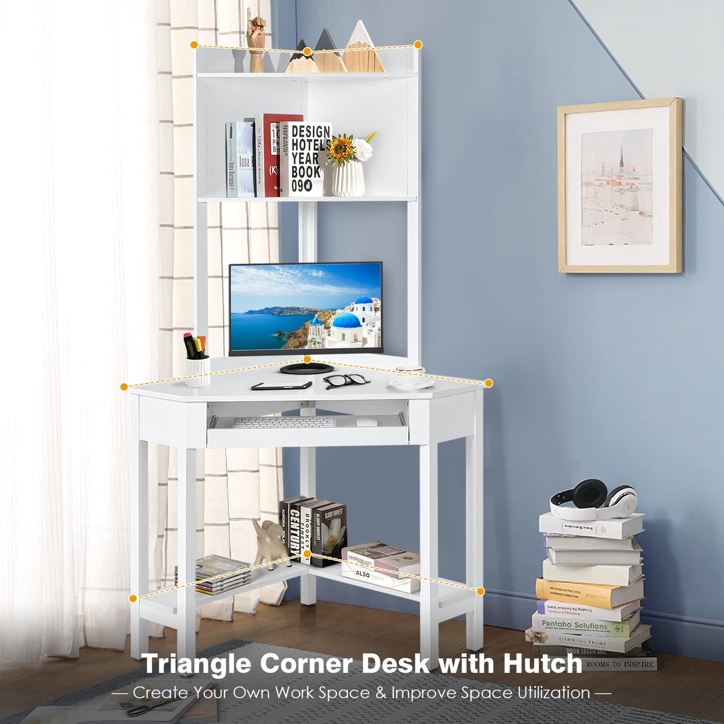 Corner Desk with Keyboard Tray & Bottom Shelves for Small Space