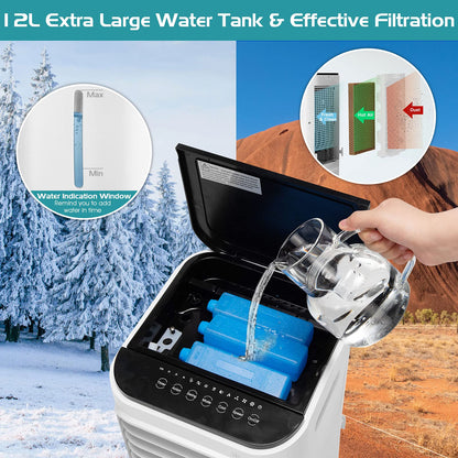 Evaporative Cooler, 4-In-1 Bladeless Cooler with 4 Modes, 3 Speeds, Timer, 12L Water Tank
