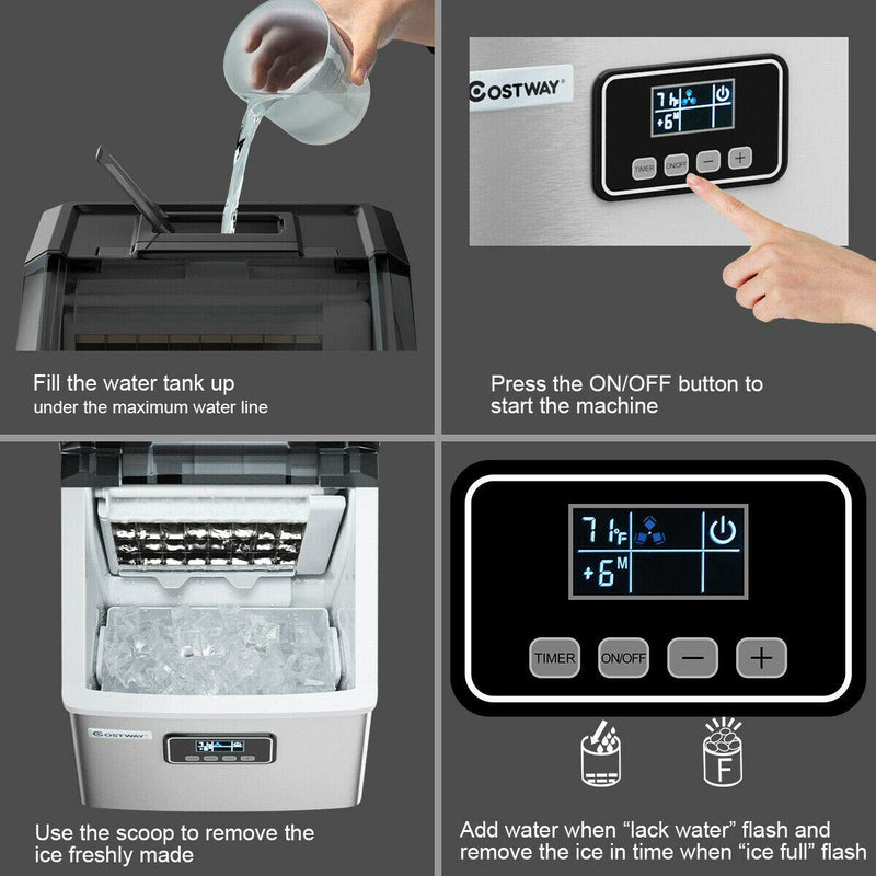 Ice Maker Countertop, 48LBS/24H Automatic Ice Stainless Steel Machine with Self-Cleaning Function