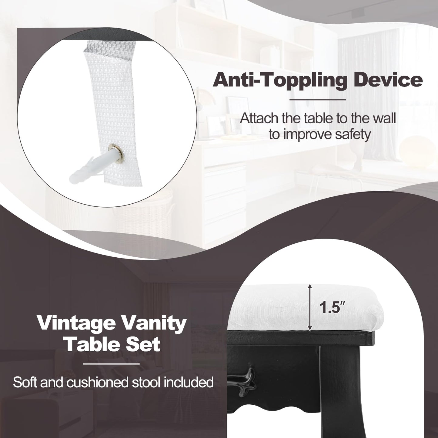 Vanity Desk with Lights 2-in-1 Makeup Table with 3 Modes Adjustable Lighted LED Mirror & Cushioned Stool