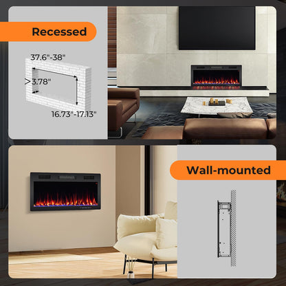40 Inch Electric Fireplace Recessed and Wall Mounted, 750W/1500W Electric Fireplace Heater with Remote