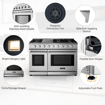 48 Inches Natural Gas Range, with 7 Burners Cooktop & Double Ovens, Storage Drawer