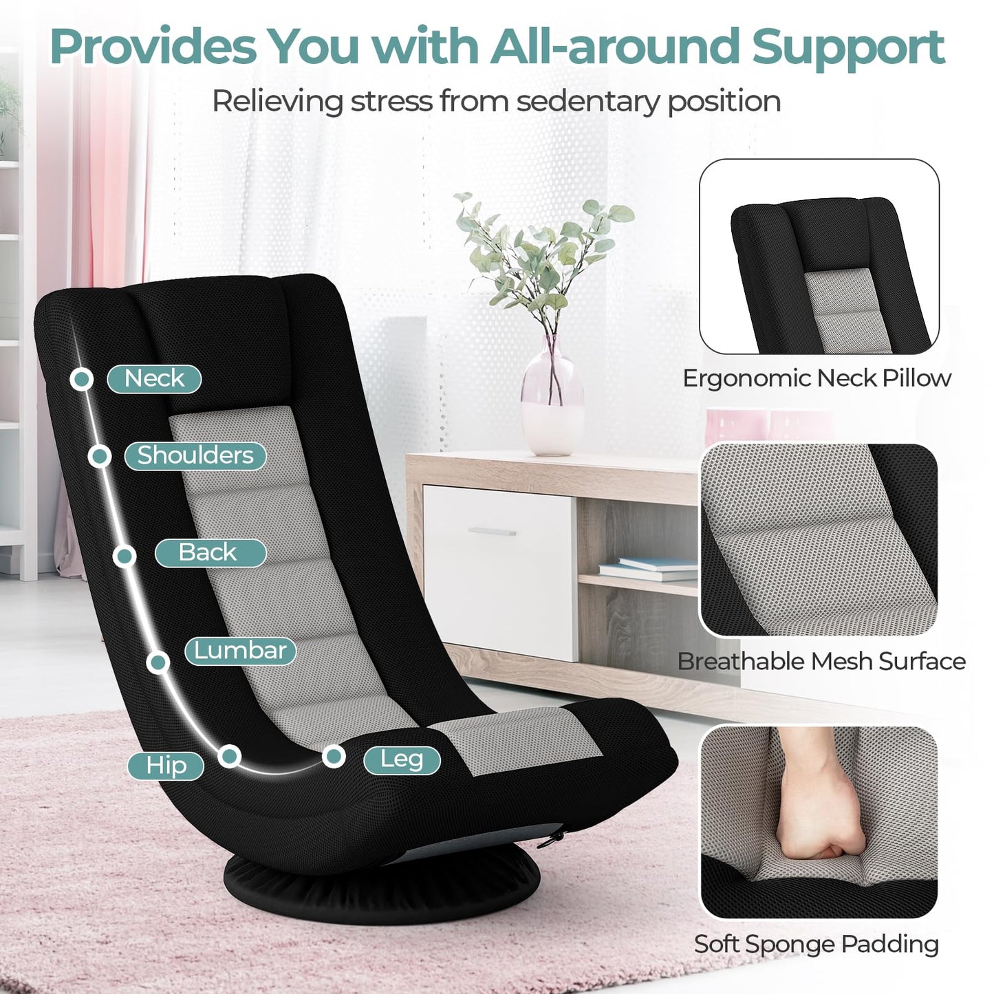 360° Swivel Floor Gaming Chair with 4 Position Adjustable Backrest & Neck Pillow
