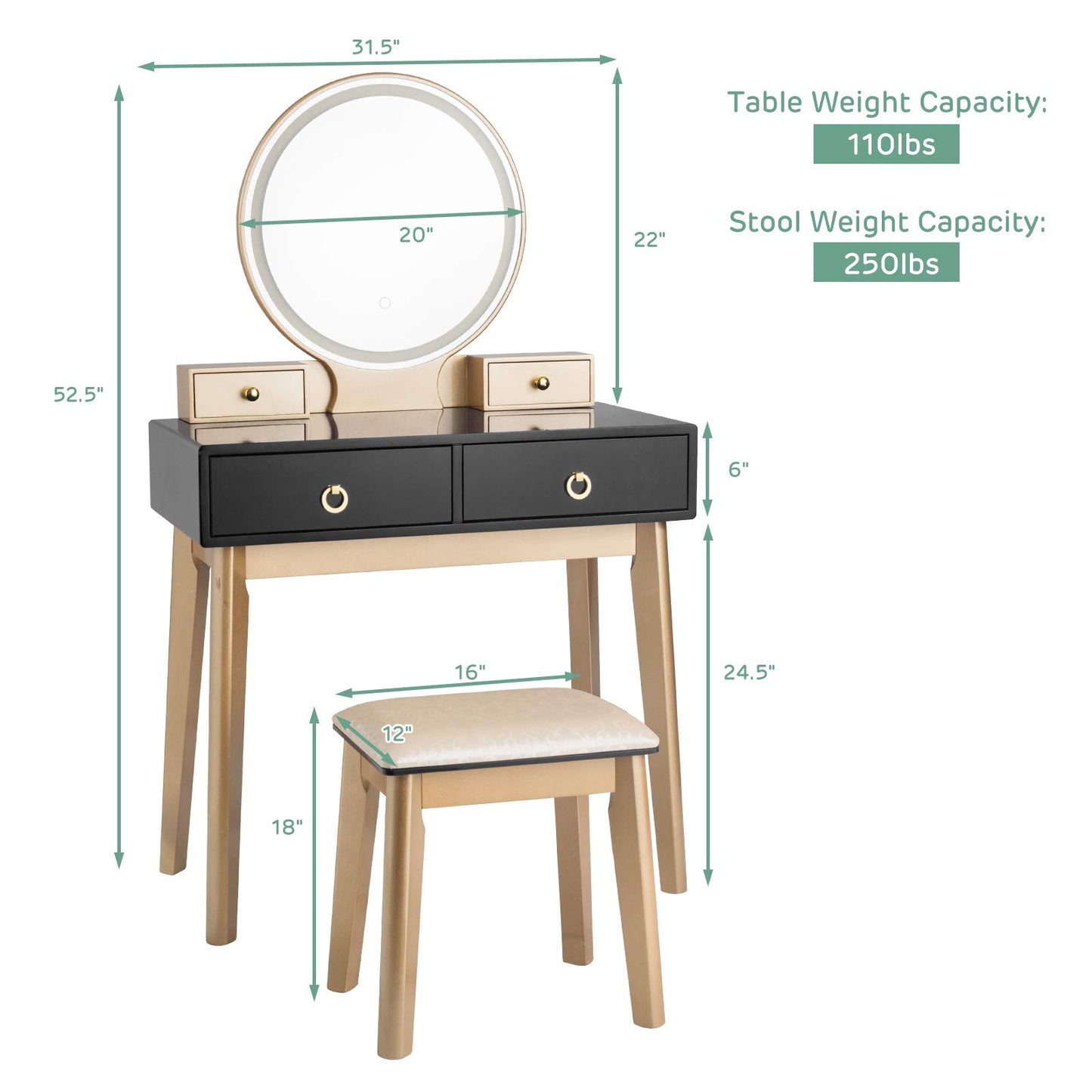 Vanity Table Set with LED Lighted Mirror for Women