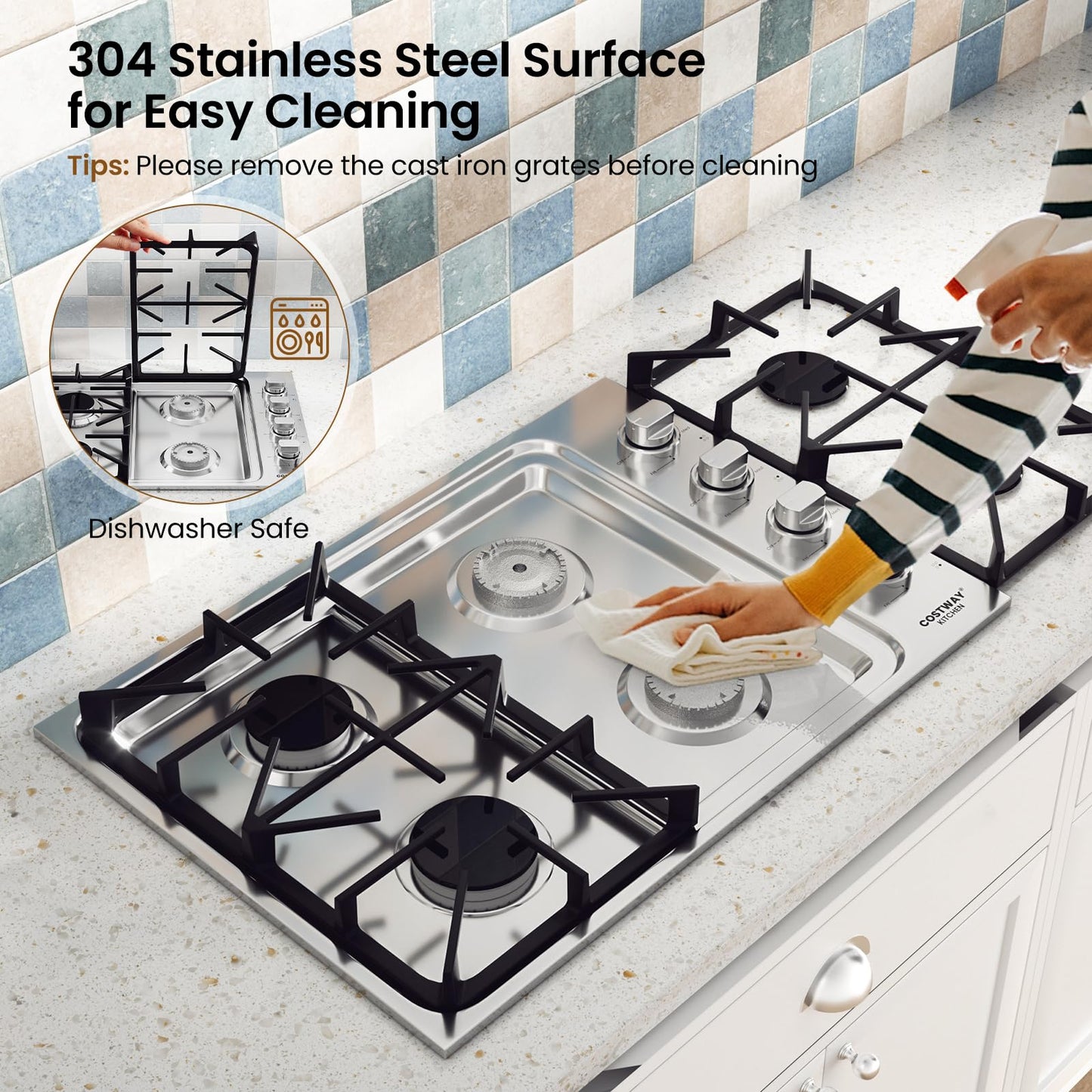 30-inch Gas Cooktop, Stainless Steel Gas Stove Top with 4 Burners, ABS Knobs and Cast Iron Grates