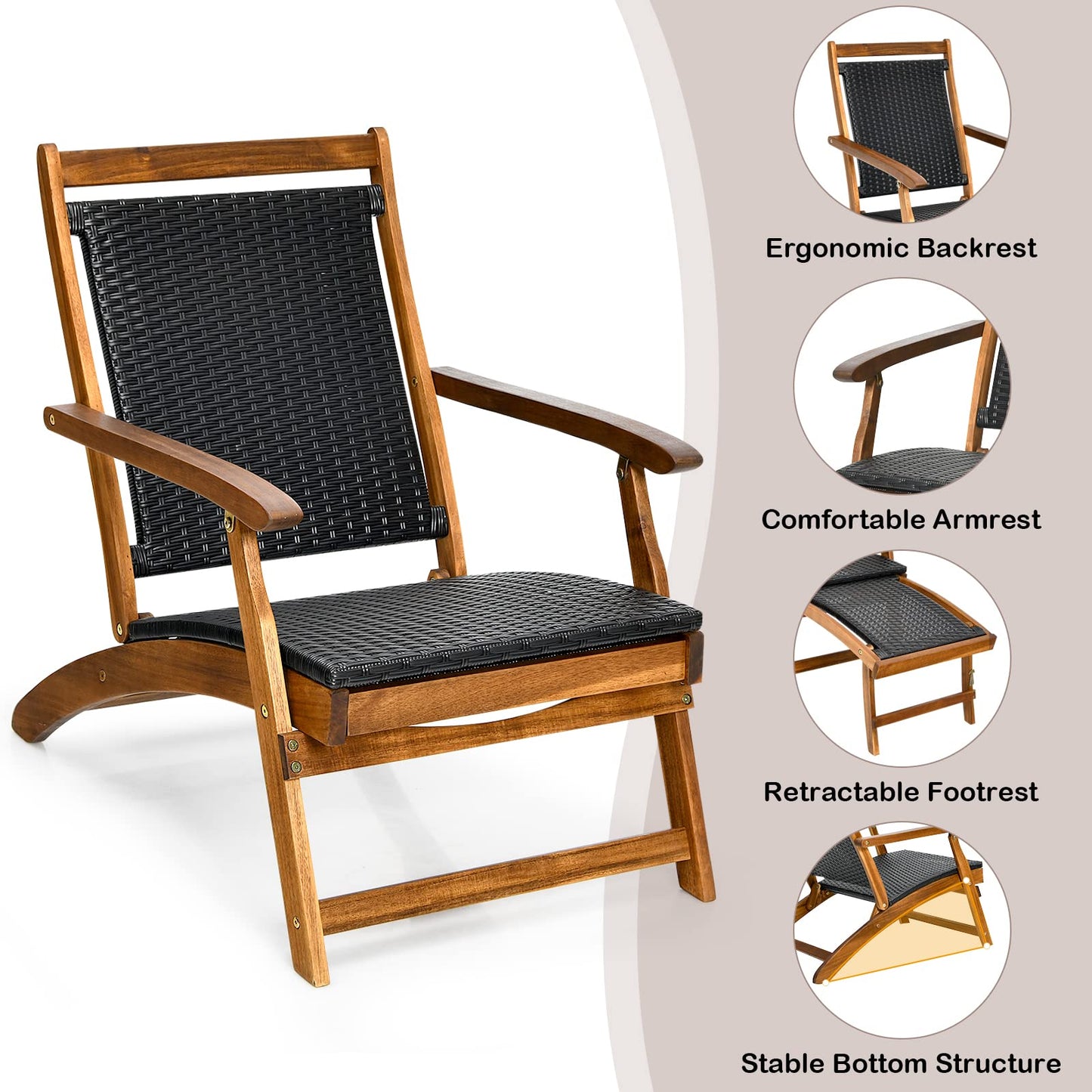 Patio Folding Rattan Lounge Chair with Convenient Retractable Footrest