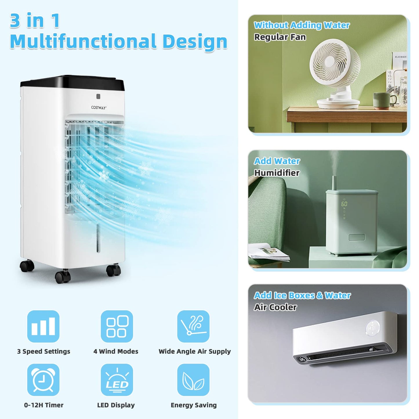Evaporative Air Cooler, 3-in-1 Portable Quiet Swamp Cooler and Humidifier with Remote, 4 Modes, 70° Oscillation