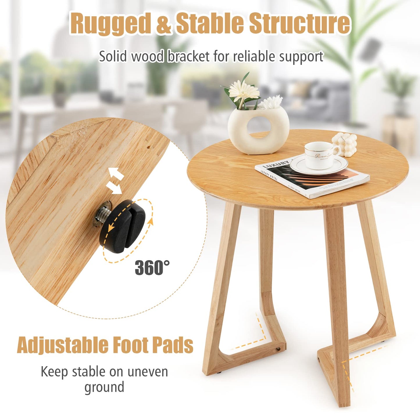 24” Round Side Table Solid Rubber Wood End Table Compact Tea Table Beside Sofa or Bed