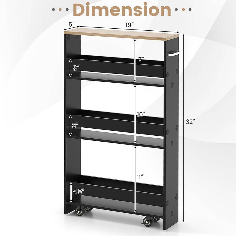 Slim Rolling Storage Cart 4-Tier Rolling Utility Cart with Handle & Wheels