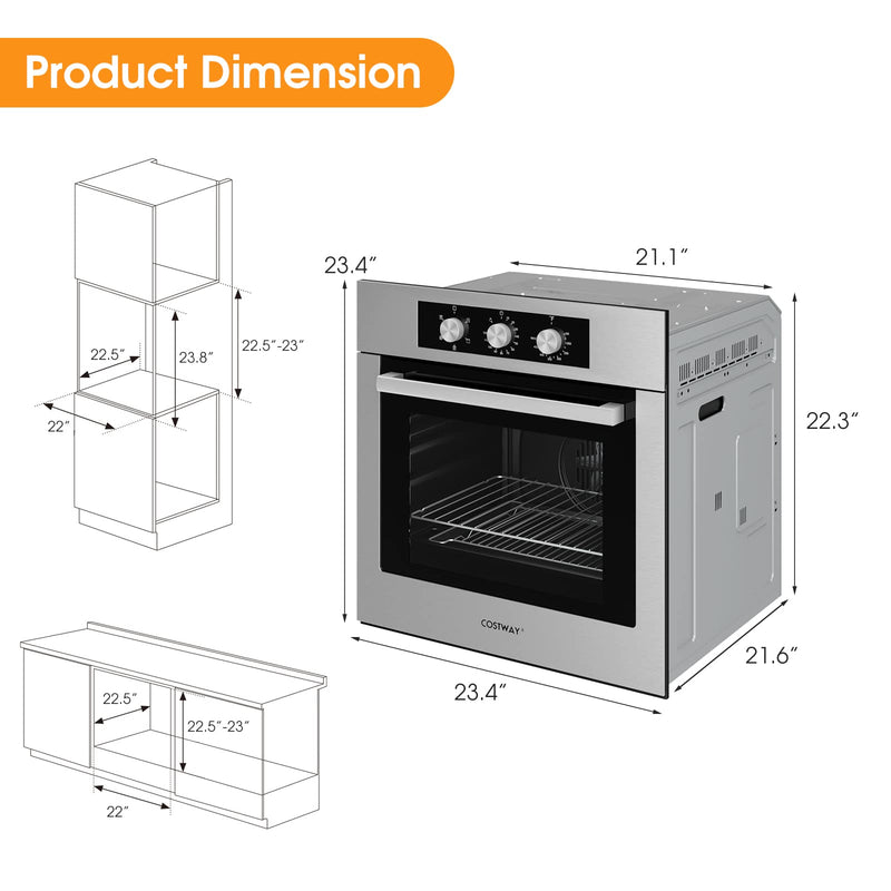 24" Single Wall Oven, Electric Built-in Wall Oven with 2.47 Cu. Ft. Capacity, 5 Cooking Functions
