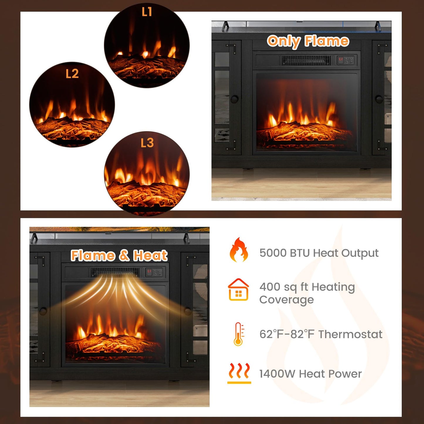 Electric Fireplace TV Stand for TVs up to 65-inch, 18-inch Fireplace Entertainment Center with Remote Control