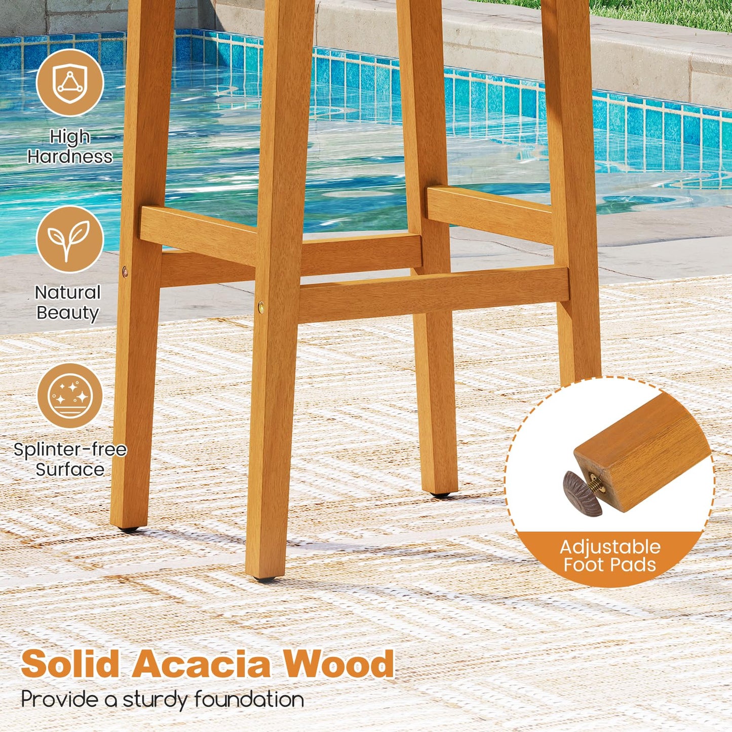Outdoor PE Rattan Saddle Stools with Acacia Wood Footrests