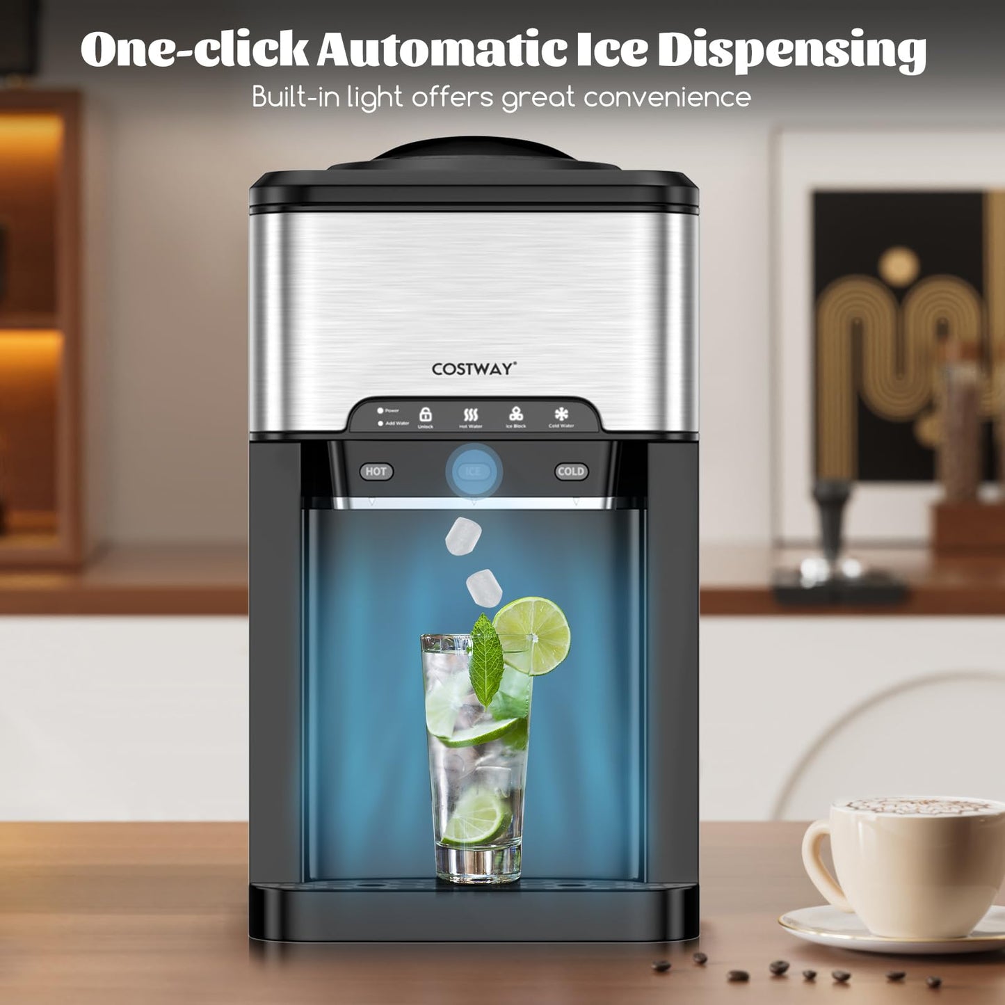 Water Dispenser with Ice Maker, 3-in-1 Countertop Hot/Cold Dispenser with Ice Machine