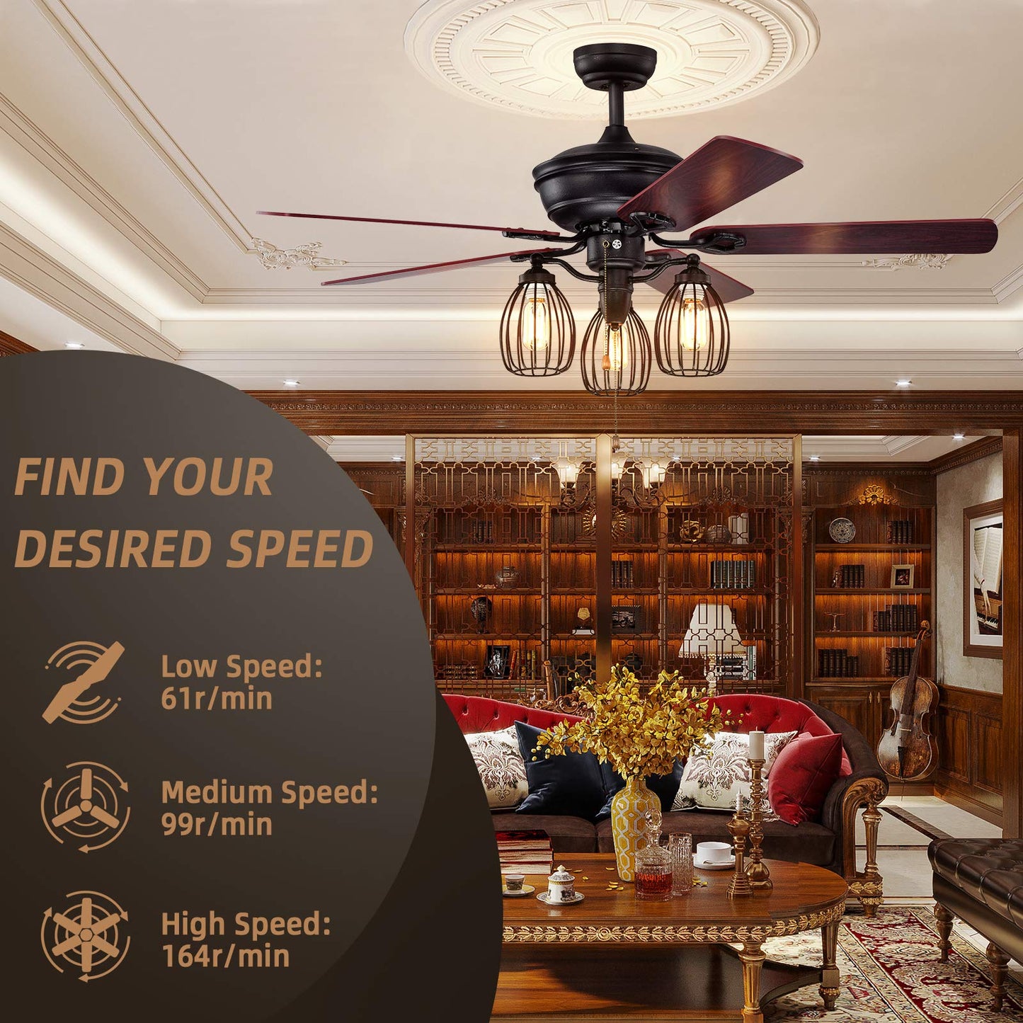 52-Inch Ceiling Fan with Lights, Industrial Ceiling Fan w/ 5 Iron Blades & 3 Cage Lights