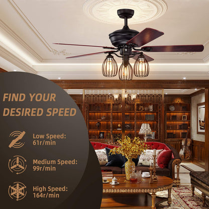 52-Inch Ceiling Fan with Lights, Industrial Ceiling Fan w/ 5 Iron Blades & 3 Cage Lights