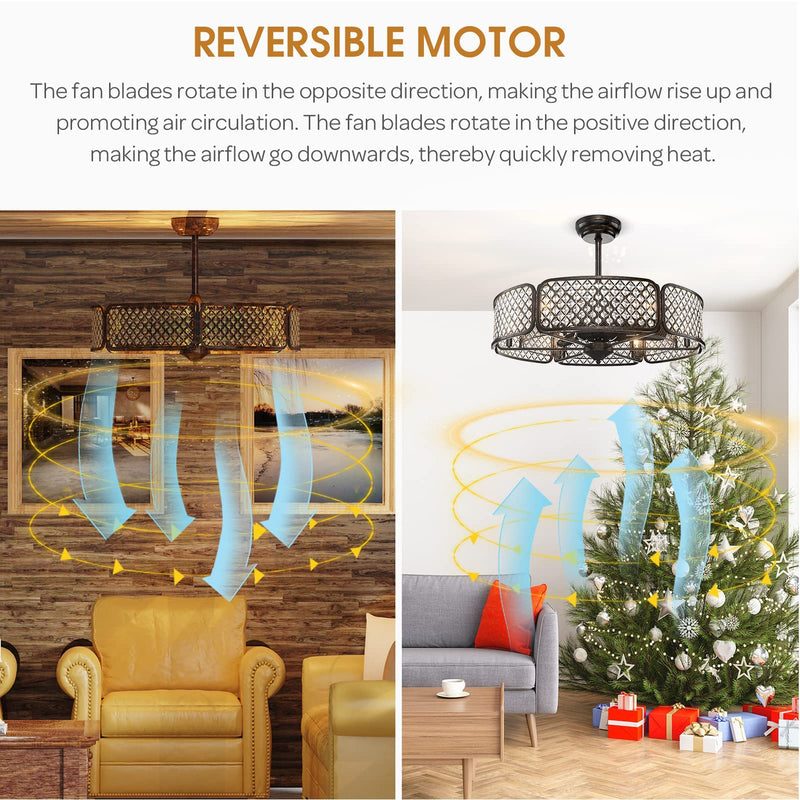 Caged Ceiling Fan with Light, 30 Inch Crystal Ceiling Fan with 6 Light Bases, 3 Fan Blades & Remote Control