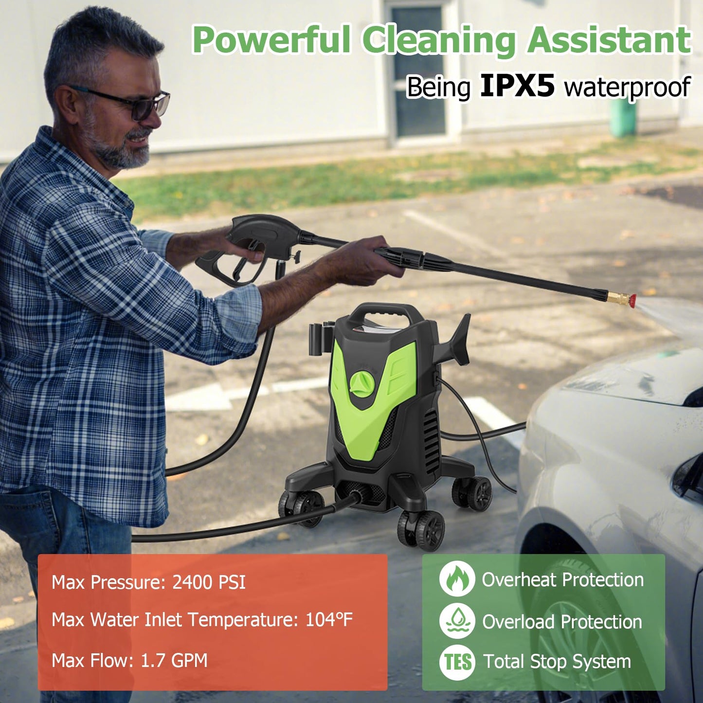 Electric Pressure Washer with 4 Universal Wheels, 2400 PSI High Pressure Cleaner Machine with 4 Nozzles and Soap Bottle