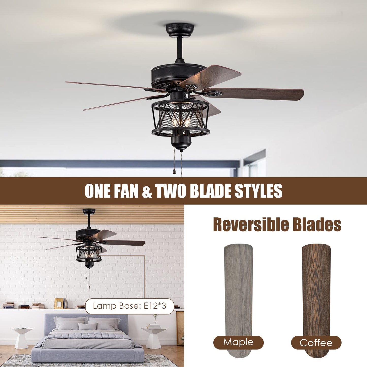 50-Inch Ceiling Fan with Lights, Indoor Ceiling Fan with Pull Chain Control, Mute Motor (Coffee)