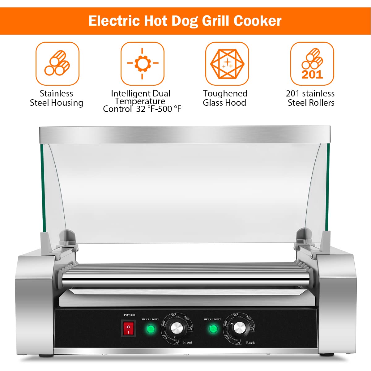 Hot Dog Roller Machine, 7 Non-Stick Rollers 18 Hot Dog Sausage Grill Cooker Machine