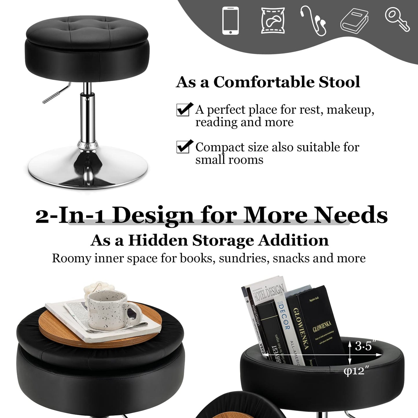 Adjustable Swivel Vanity Stool 360° Swivel 20"-26" Height Adjustable Tufted Round PU Leather Ottoman with Storage