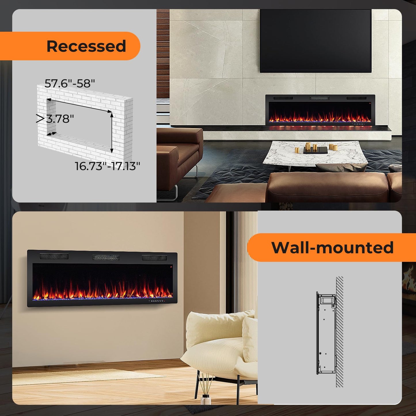60 Inch Electric Fireplace Recessed and Wall Mounted, 750W/1500W Electric Fireplace Heater with Remote