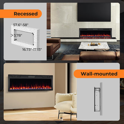 60 Inch Electric Fireplace Recessed and Wall Mounted, 750W/1500W Electric Fireplace Heater with Remote