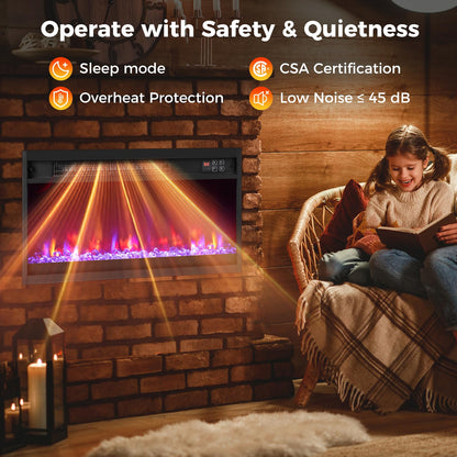23 Inch Recessed Fireplace Heater, Electric Fireplace Insert w/Multi-Color Flame & Crystal Ember Bed