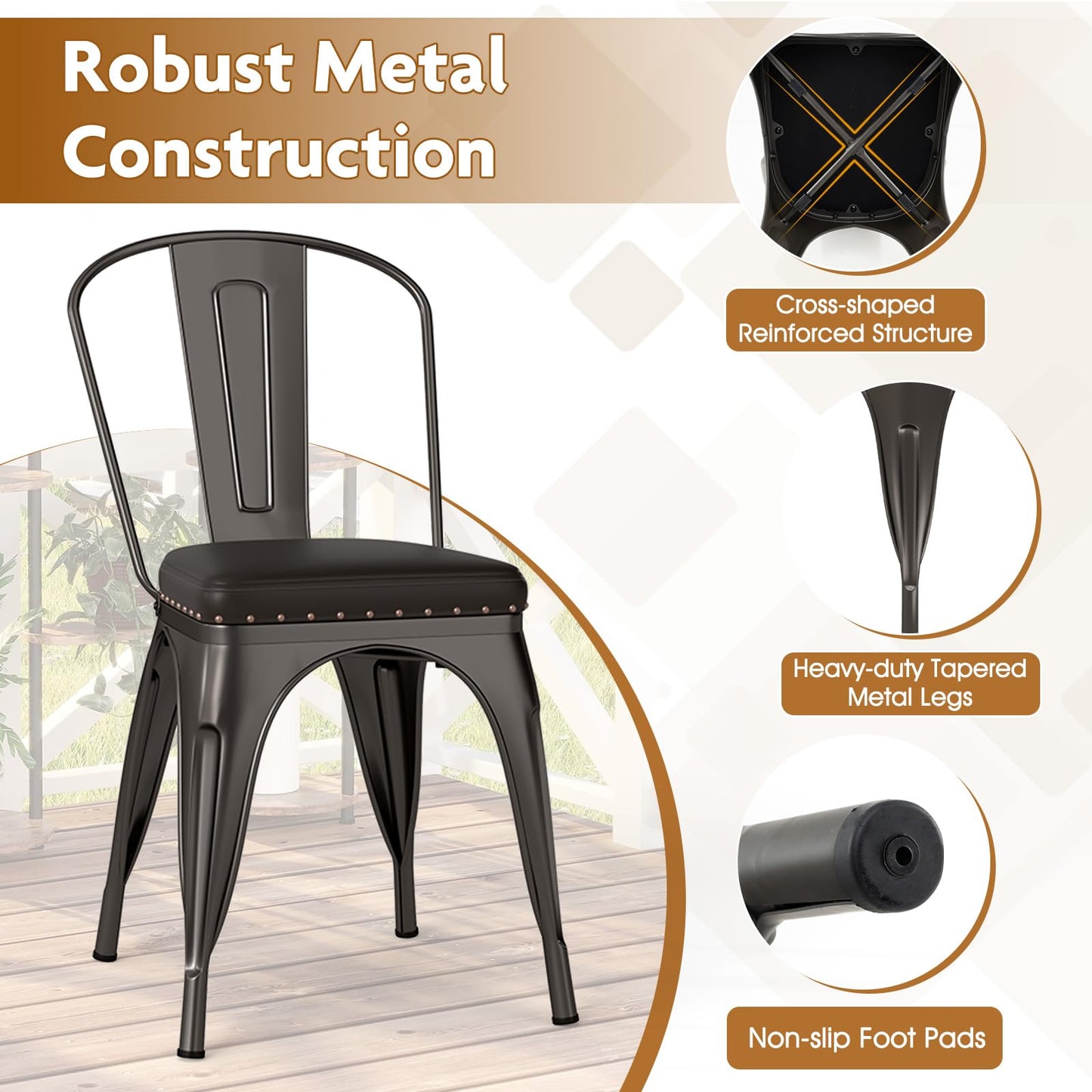 18.5 Inch Stackable Industrial Kitchen Tolix Side Chairs with PU Leather Cushions and Detachable High Back for Dining Room