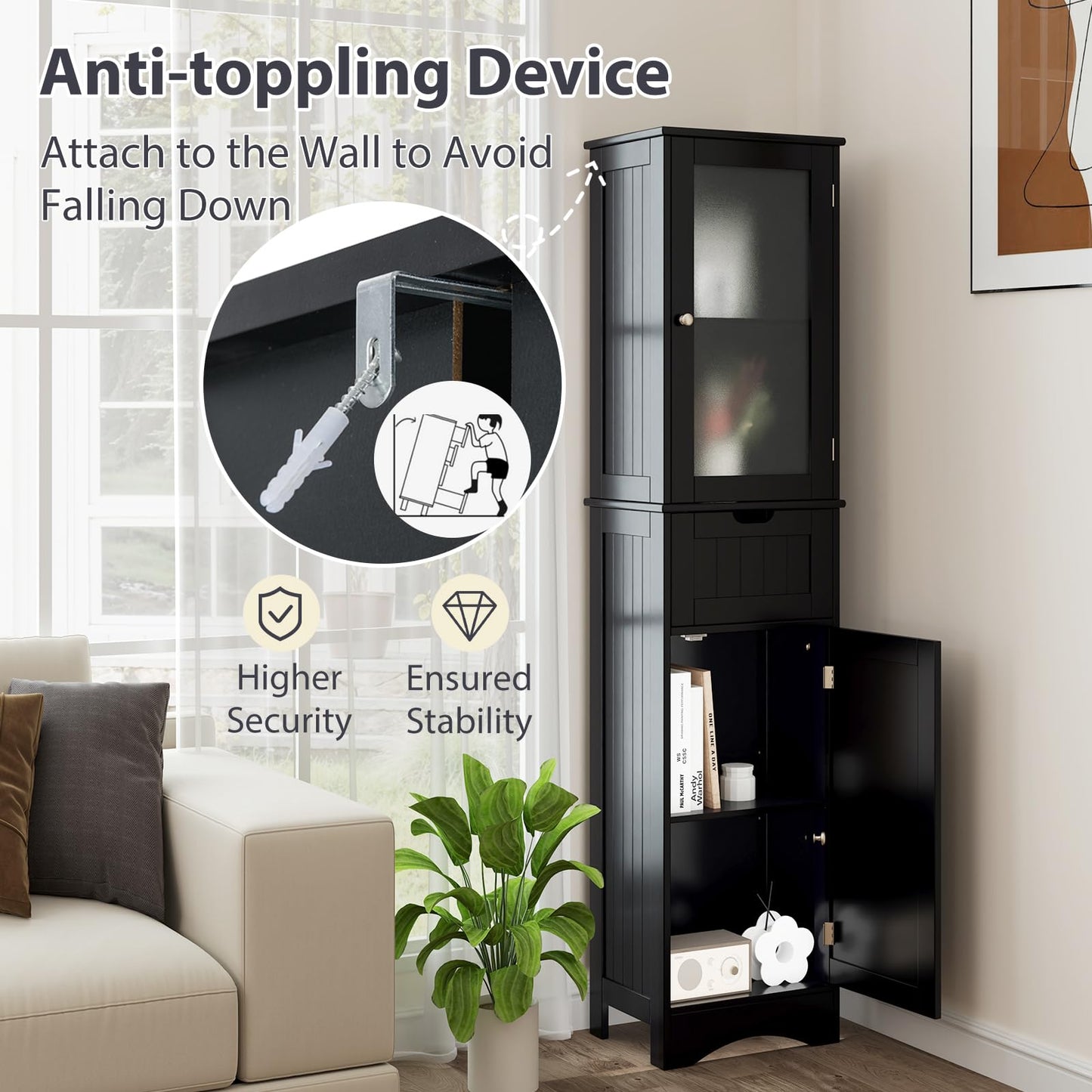 67” Tall Bathroom Storage Cabine with 2 Doors & 1 Drawer 3-Level Adjustable Shelves