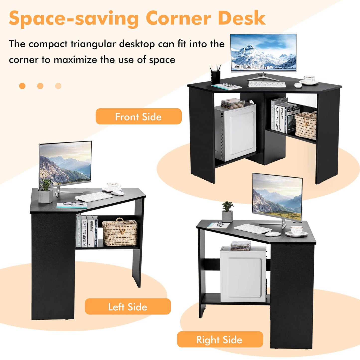 Corner Computer Desk Space-Saving Triangular Writing Desk w/ 2 Storage Shelves & 2 Cable Holes