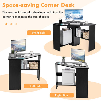 Corner Computer Desk Space-Saving Triangular Writing Desk w/ 2 Storage Shelves & 2 Cable Holes