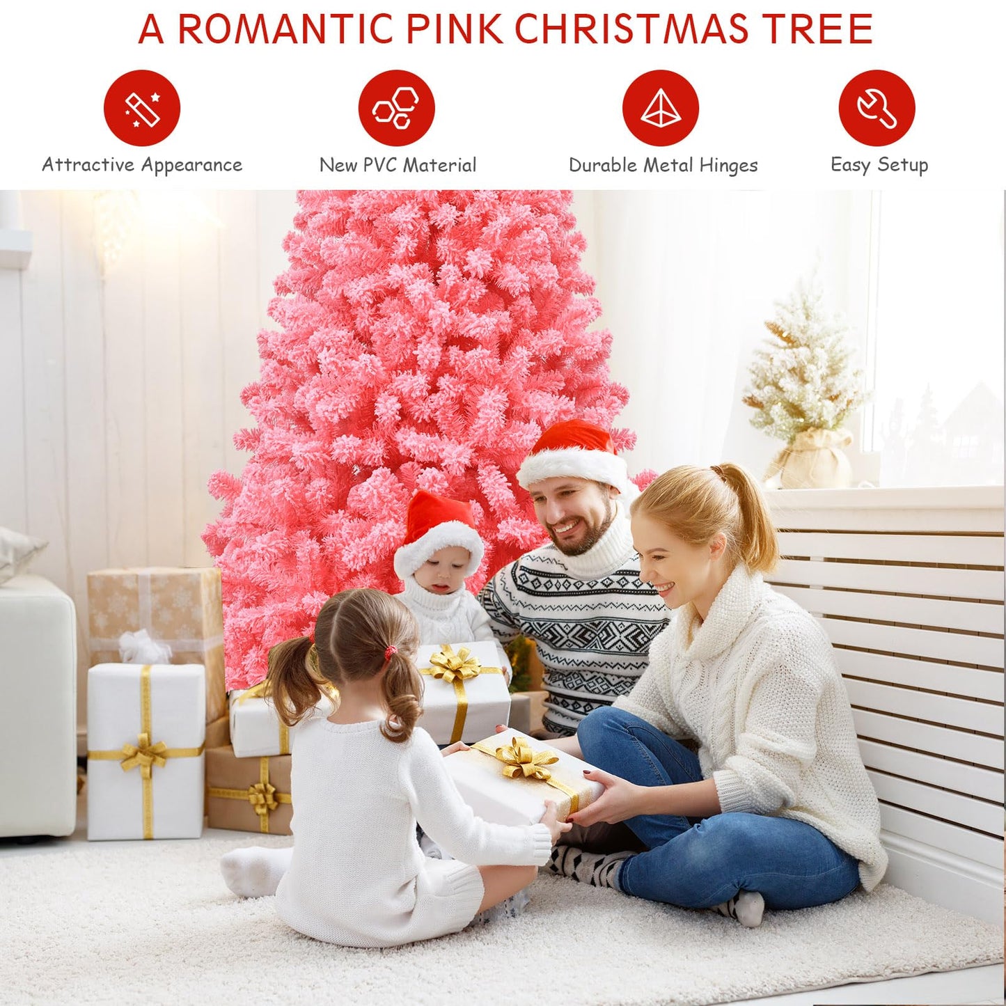 7.5Ft Artificial Christmas Tree Realistic Snow Flocked Hinged Pine Tree with Solid Metal Stand