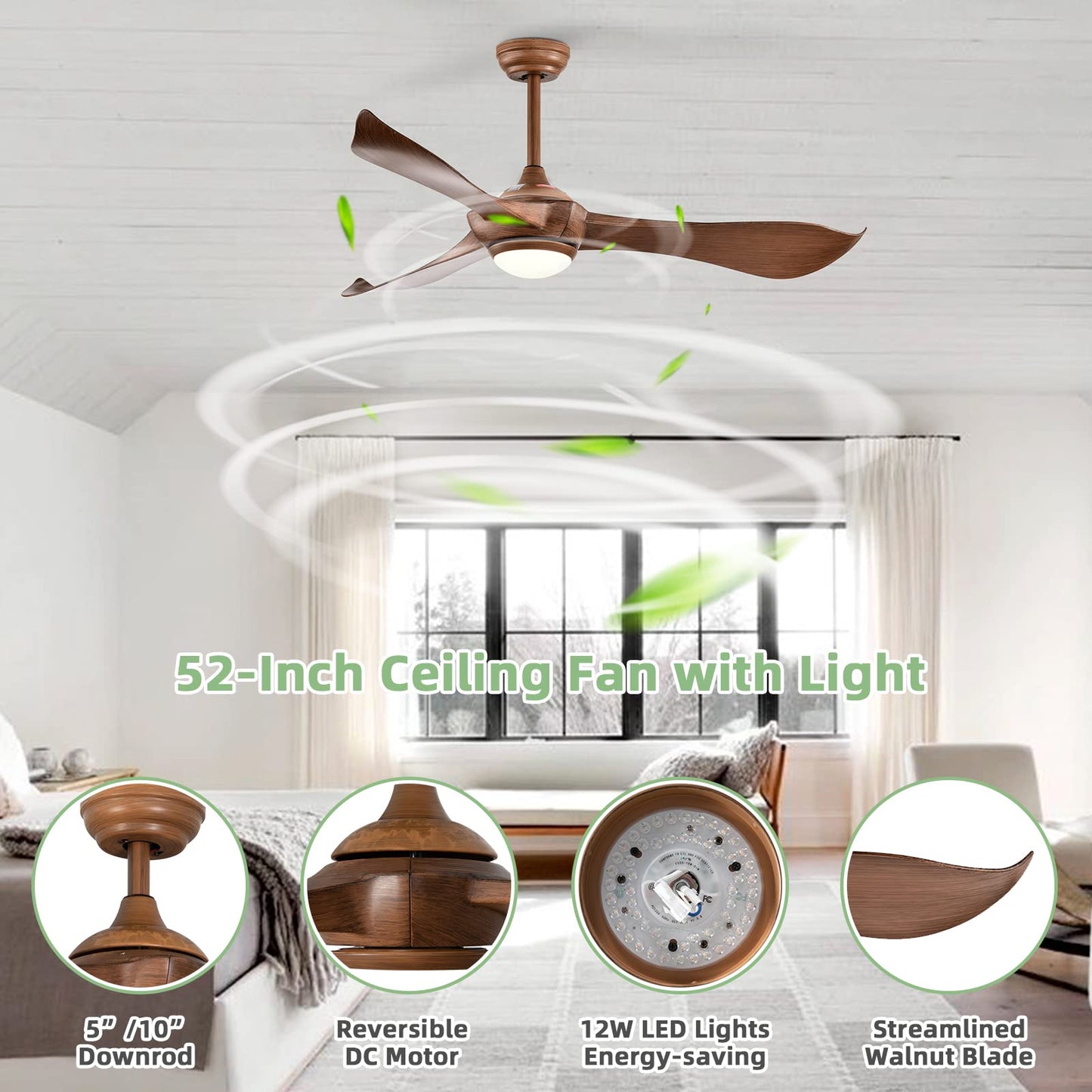 52 Inch Ceiling Fan Outdoor, Propeller Ceiling Fan with LED Light & Remote Control