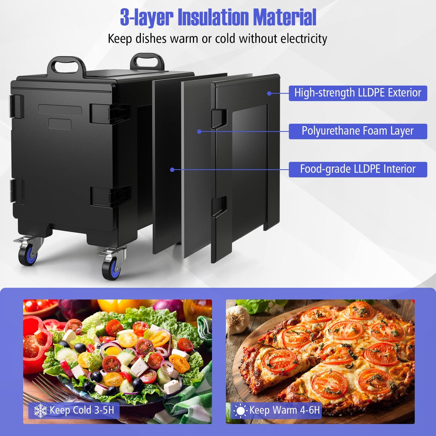 ARLIME 2 Pack Insulated Food Pan Carriers (1 with wheels), End-Loading Insulated for 5 Full-Size Pans