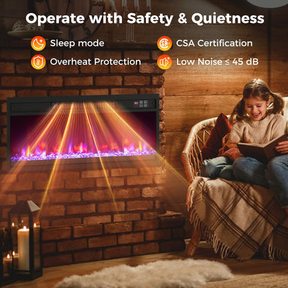 26 Inch Recessed Fireplace Heater, Electric Fireplace Insert w/Multi-Color Flame & Crystal Ember Bed