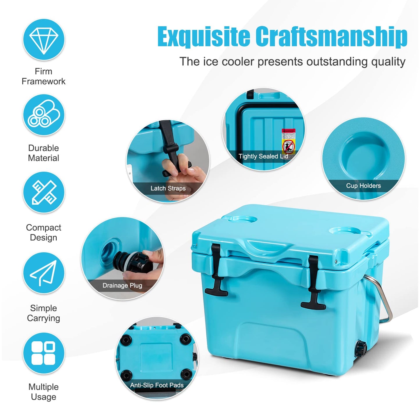 16 Quart Cooler 24 Can Insulated Ice Chest Box with Heavy Duty Handle and 2 Cup Holders