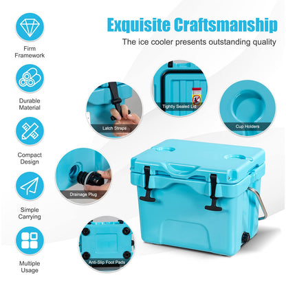 16 Quart Cooler 24 Can Insulated Ice Chest Box with Heavy Duty Handle and 2 Cup Holders